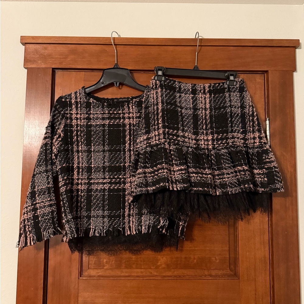 Chic Plaid Black and Pink Skirt, tweed set